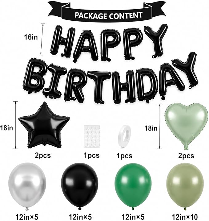 Black Green Birthday Decortions, Star Heart Foil Balloons - Image 2