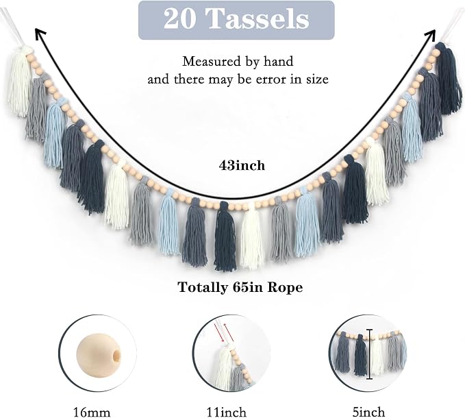 Dusty Blue Yarn Tassel Garland Wall Hanging Decor Coastal Boho Tassels Bunting - Image 5