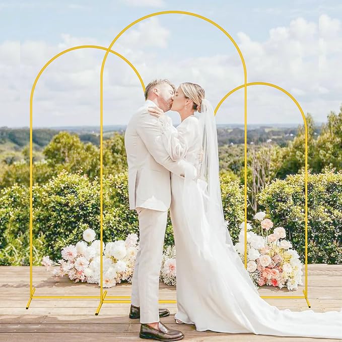 MODFUNS Arch Backdrop Stand and Cover Set Gold Wedding Arch Frame 4&5&6ft Sage Green Arches Backdrop Cover Set of 3 Metal Arched Stand with Covers for Party Baquet Reception Backdrop Decor