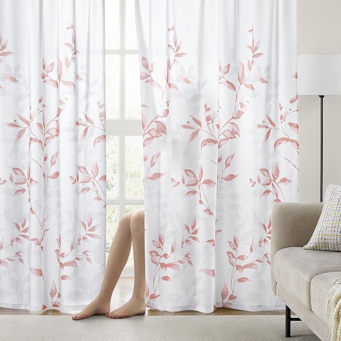 HOMEIDEAS Non-See-Through Pink and White Privacy Sheer Curtains 52 X 84 Inch - Image 2
