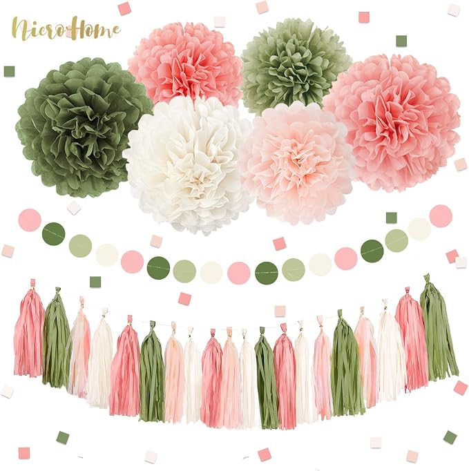NICROHOME EUR 27 PCS Pink Green Tissue Paper Decorations - Image 2