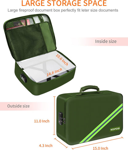 Noiposi Important Document Organizer, Waterproof and Fireproof Document Box with 7 Pockets File Folder,Portable Home Fire Safe Storage Box Case with Lock for Documents,File and Card,Green