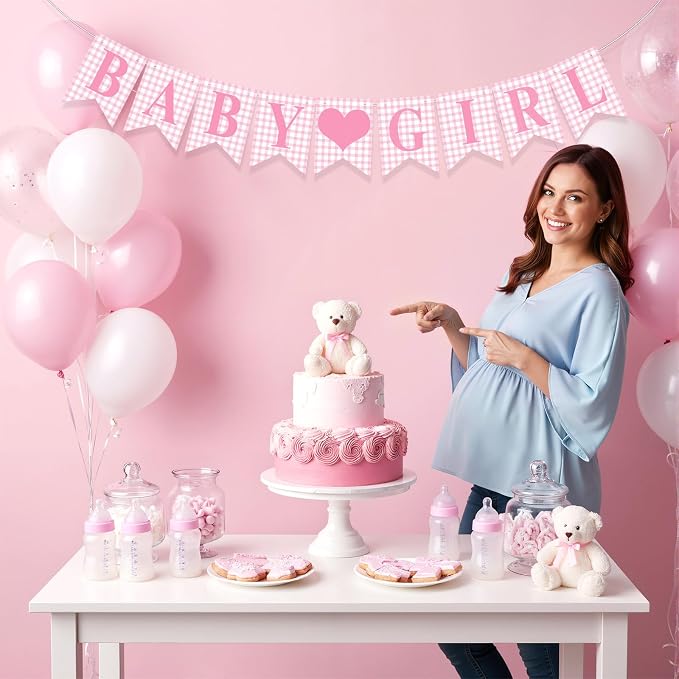 Hahafelt 1 Pcs Pink Gingham Baby Girl Banner - Image 4