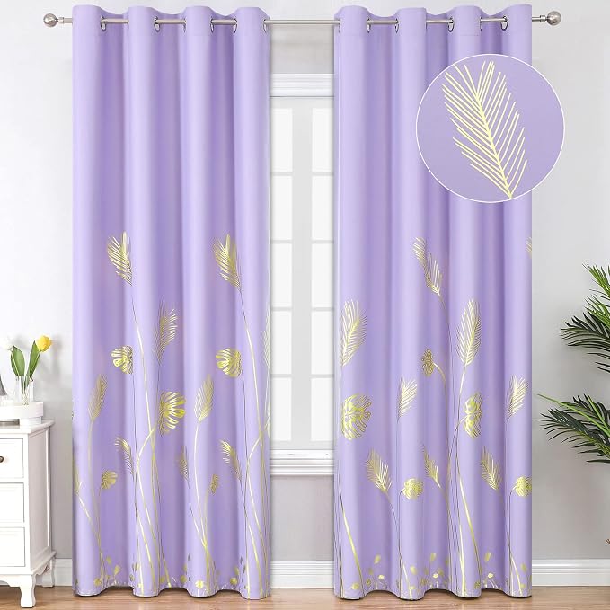 Lilac Blackout Curtains for Bedroom, Room Darkening Gold Palm Tree Pattern by ESTELARTEXTILER