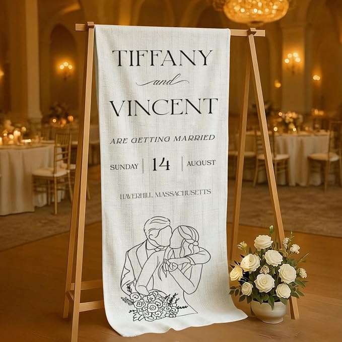 Modern Wedding Announcement Linen Tapestry Banner, Personalized Couple Names - Image 4