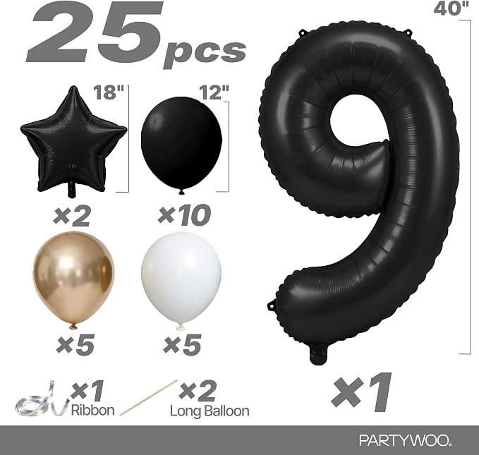 PartyWoo Number Balloons 40 Inch Black Number 9 Kit 25pcs - Image 2