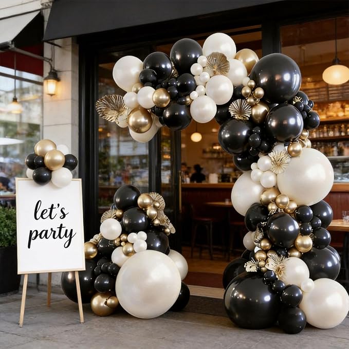 Black Gold White Balloons Arch Kit, Double Stuffed, Party. | Black, chrome gold - Image 7