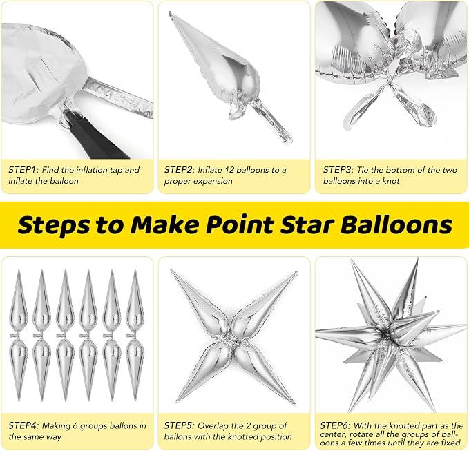74 PCS Silver Star Balloons, 12 Point Star Foil Mylar Balloons Spike Explosion - Image 7