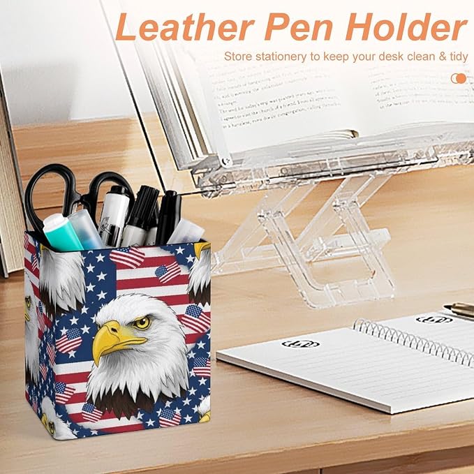 Pen Holder, PU Leather Pen Organizer American Flag And Bald Eagle - Image 4