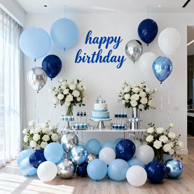 Navy Light Metallic Blue Silver White Balloons Arch Kit 129 Pcs | Baby Shower - Image 4