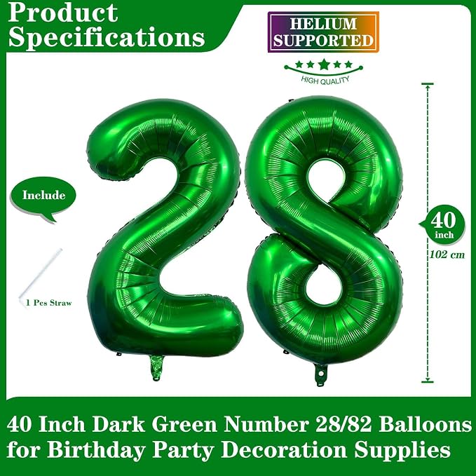 Dark Green 28 Number Balloons, 40 Inch Giant Number 28 Balloons Foil Mylar - Image 2