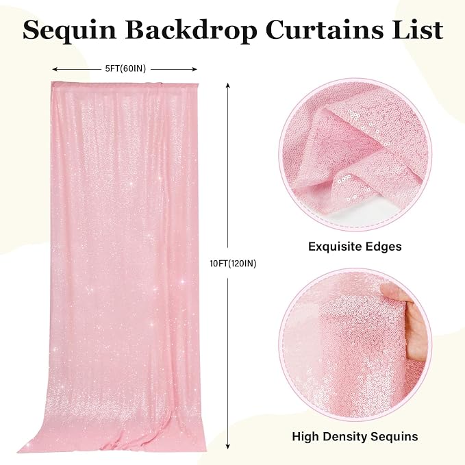 PartyDelight Pink Sequin Backdrop Curtains 5x10ft 2 Sparkly Panels | 4 Inch Rod - Image 2