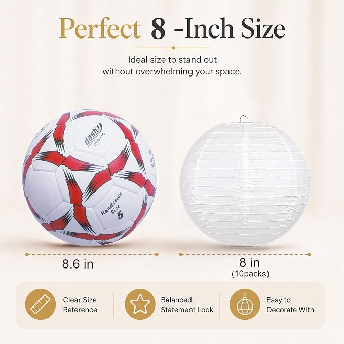 LIHAO 8 Inch White Round Paper Lanterns | Chinese Lantern, Hanging Decor - Image 2