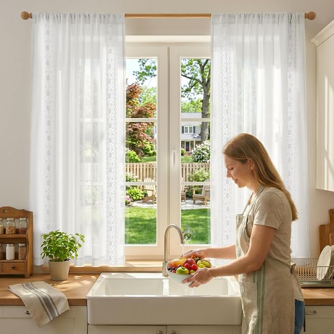 jinchan Floral Sheer Linen Curtains, Back Tab 50x63 Inch, 2 Panels White | Semi - Image 4