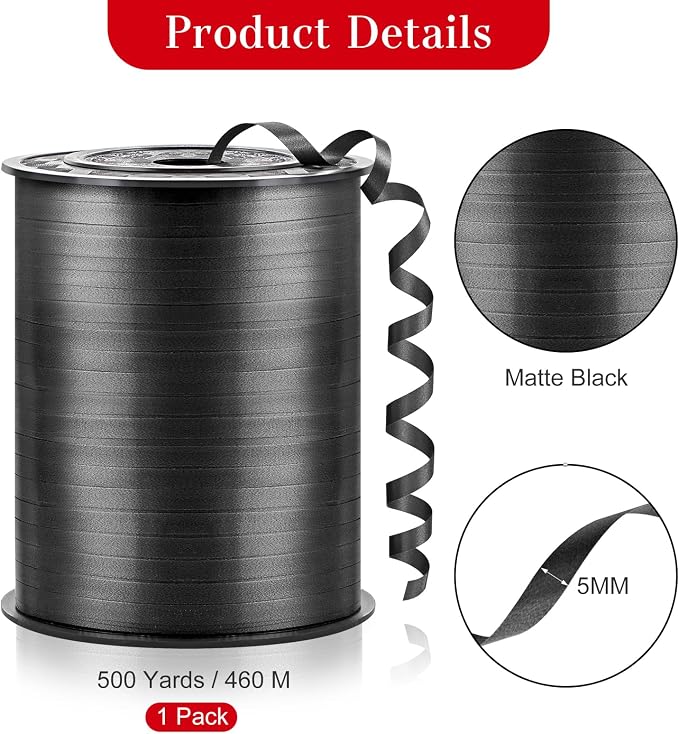 Black Curling Ribbon, 500 Yards, 1/5 Inch | - Image 2