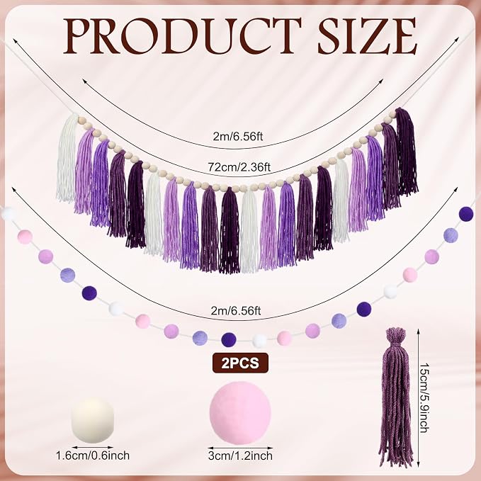 Hahafelt 3 Pcs Lavender Purple Tassel Garland, Pom Pom Tassel Garland, Boho - Image 2