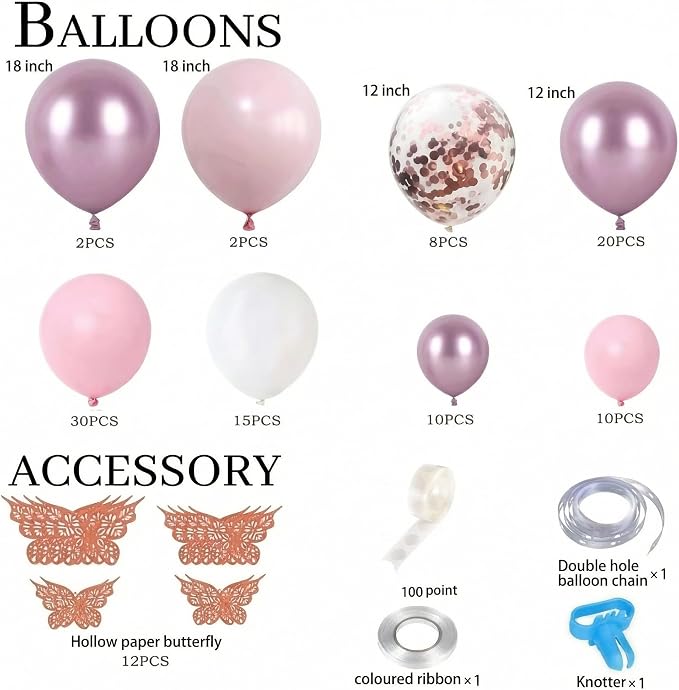Pink Butterfly Balloon Garland Kit 113pcs, 18in Pink Purple Pearl Confetti - Image 2