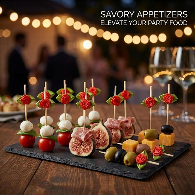 100PCS 4.7" Flower Cocktail Picks, Ribbon Rose Toothpicks Appetizer Skewers | - Image 2