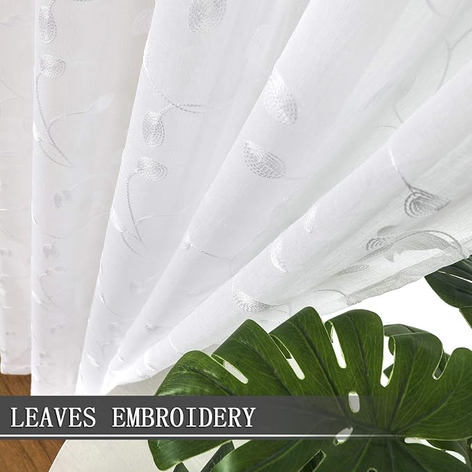 Tollpiz Leaves Sheer Curtain White Leaf Embroidery Living Room Curtains Rod - Image 3