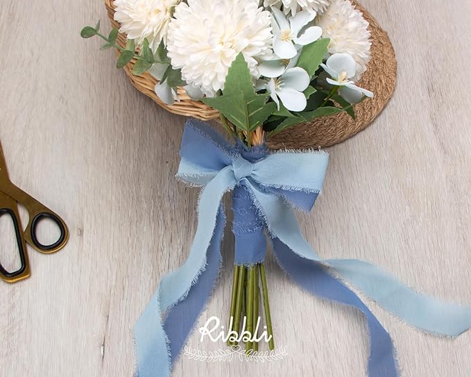 Ribbli Baby Blue Ribbon 1 Inch x 3 Rolls Total 24 Yards Light Blue Handmade Fringe Chiffon Silk Ribbon for Wrapping Wedding Invitations Bridal Bouquets DIY Crafts Home Decor