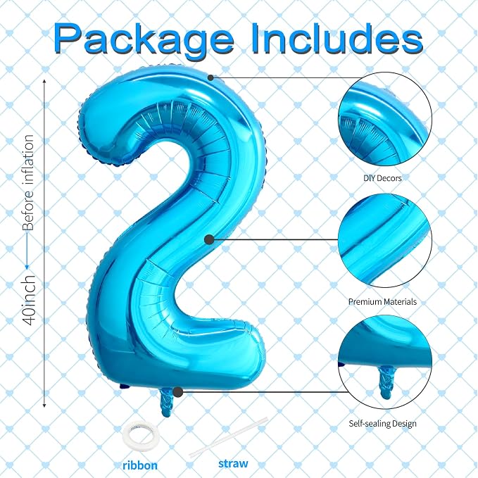 40 Inch Blue Number 2 Balloon, Giant Number Balloons, Birthday Decorations | - Image 3