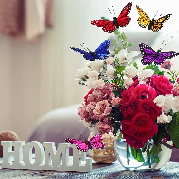 Ysleen 12 Set Monarch Butterfly Decoration Artificial Butterflies Feather Picks - Image 5