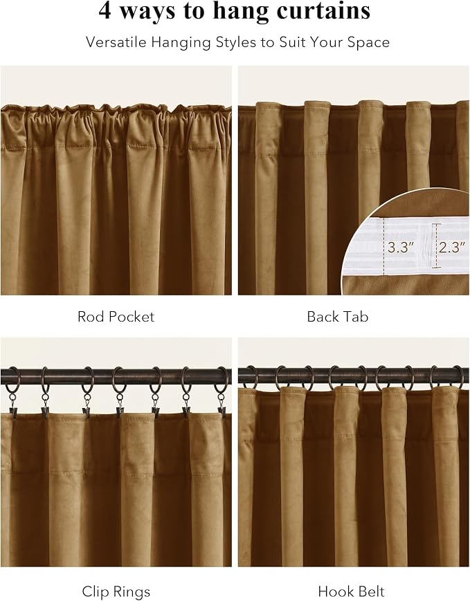 Gold Brown Velvet Curtains for Boho Living Room, 2 Panels | 300GSM Soft Velvet - Image 2