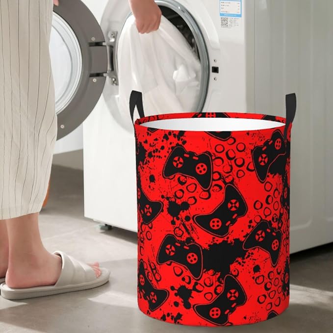 Game Joysticks Red Background Round Laundry Hamper Storage Basket Toys Clothes - Image 6
