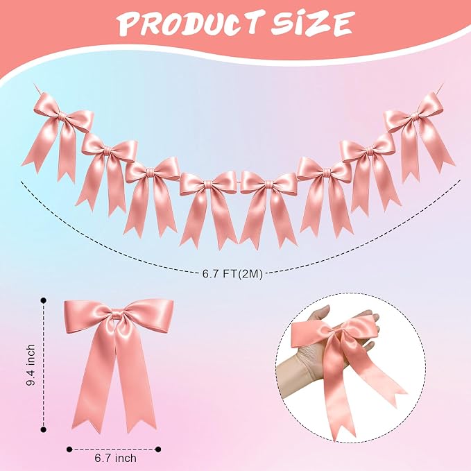 1 String of 8PCS Rose Pink Bow Garland Banner Decoration, Pre-Strung Satin - Image 2