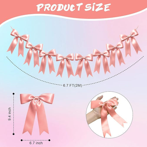1 String of 8PCS Rose Pink Bow Garland Banner Decoration, Pre-Strung Satin - Image 2