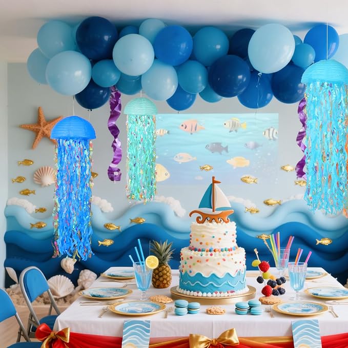 Set of 6 Blue Hanging Jellyfish Paper Lanterns 10'' - Image 7