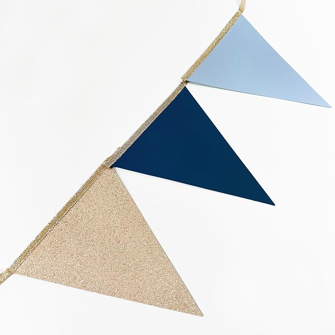 Champagne Gold Navy Blue Dusty Blue Pennant Banner Flag Hanging Paper Triangle - Image 5
