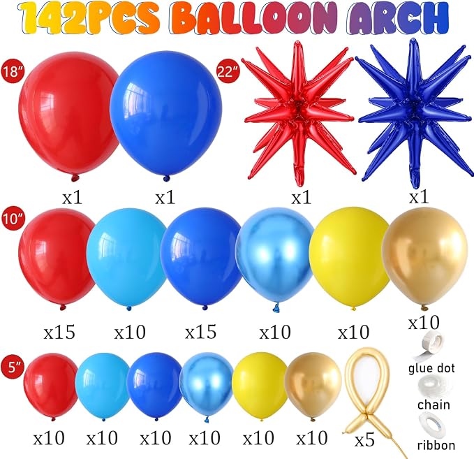 142 Pcs Red Blue Yellow Cartoon Hedgehog Balloon Arch Kit - Image 2