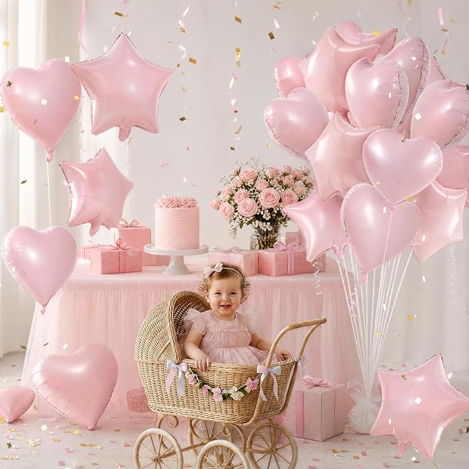 TONIFUL 18 Inch Lingt Pink Star and Heart Foil Balloons - Image 3