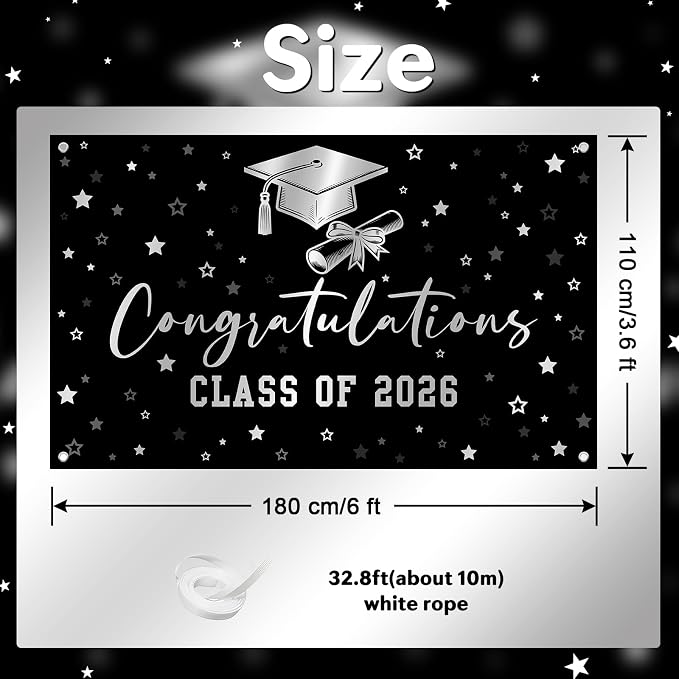 Congratulations Graduation Banner Class of 2026 Backdrop Black Silver Congrats - Image 2