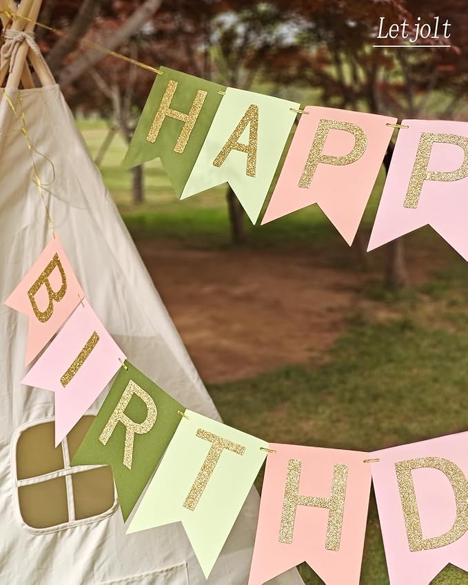 Letjolt Green Pink Happy Birthday Banner Handmade Girls Party 13pcs | Birthday - Image 5