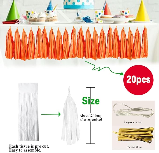 Light Orange Tassel Garland 20 Pcs, Tissue Paper Tassels Garland Banner - Image 2