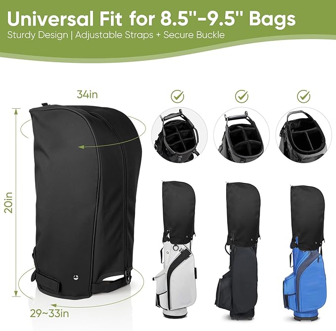 Golf Bag Rain Cover Hood Waterproof 1680D Nylon Dustproof Universal Fit with Adjustable Rain Cape for Stand/Cart Bags, All Black or US Flag Style