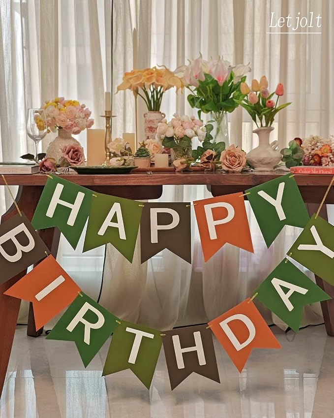 Letjolt Brown Happy Birthday Banner Handmade Tropical Theme 13pcs | Pre-Strung - Image 4