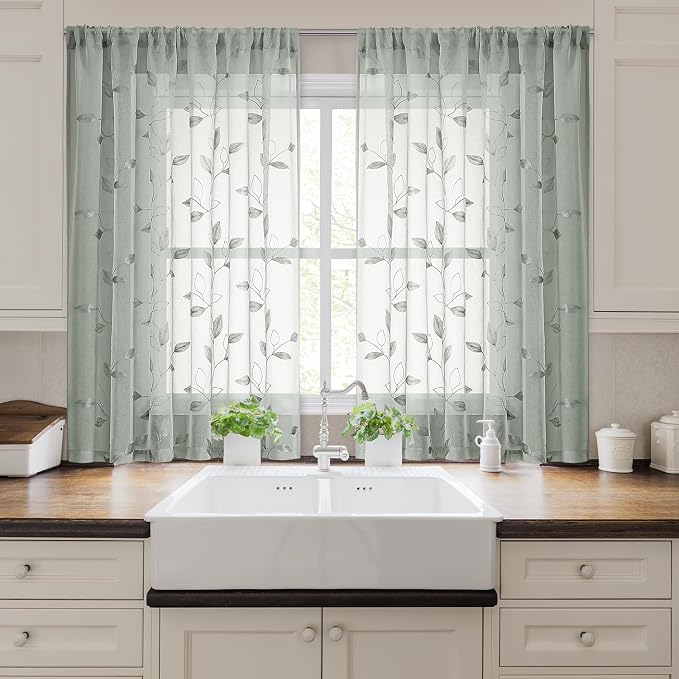 HOMEIDEAS Sage Green Sheer Curtains 52 x 54 Inch Length 2 Panels Embroidered - Image 9