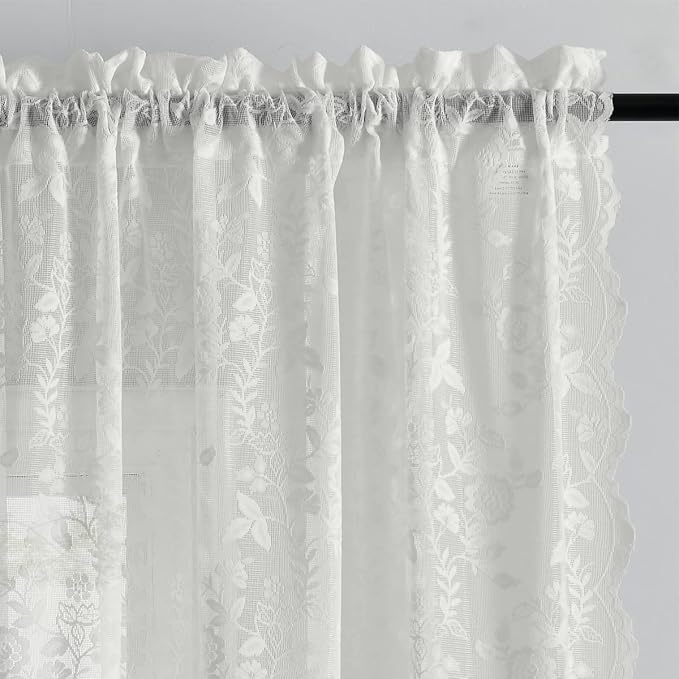 FINECITY Ivory Lace Curtains for Bedroom Rustic Floral 52 x 63 Inch 1 Panel | - Image 3