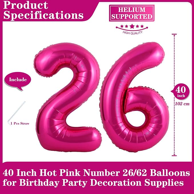 Hot Pink 26 Number Balloons, 40 Inch Giant Number 26 Balloons Foil Mylar Helium - Image 2