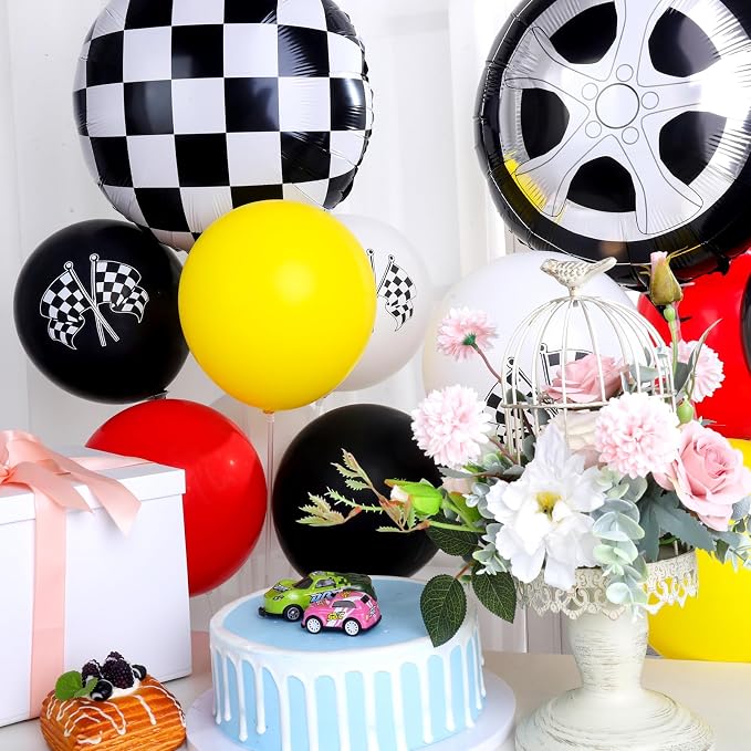 18" Race Cars Foil Balloons Stand Kit 4 Set, Sports Checkered Birthday Party - Image 5