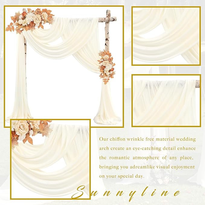 Wedding Arch Draping Fabric 4 Panels 20Ft length x 28" width Ivory Arch Drapes Chiffon Fabric Sheer Curtains Backdrop for Party Bridal Ceremony Ceiling Decor Wedding Stage Reception Decorations