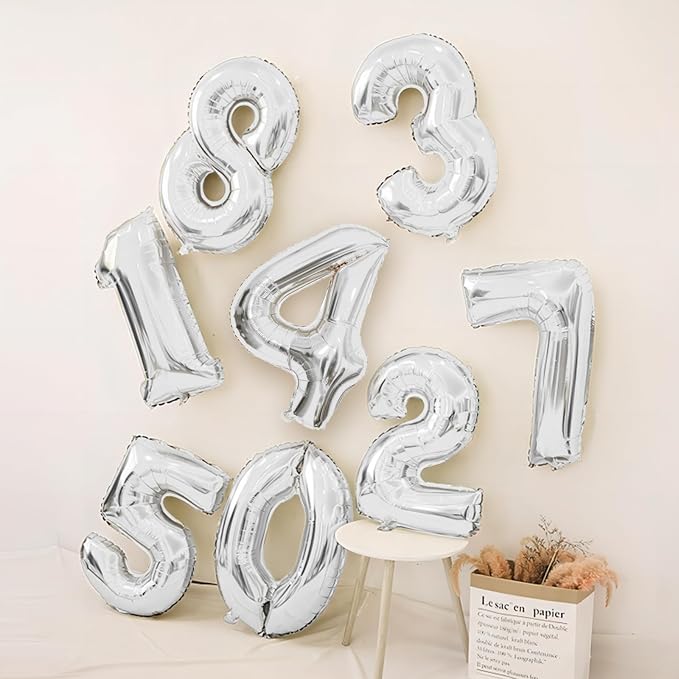 40 Inch Silver Number Balloons, Helium Mylar Foil Number Balloons - Image 5