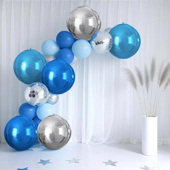 Blue Silver Round Foil Balloons 9 pcs, Metallic Giant 4D Round Balloons 22 Inch - Image 4