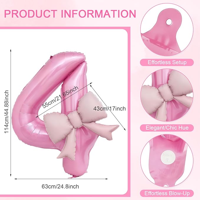 Bow Pink 4 Balloons, 40 Inch Giant Pink Bow Helium Foil Number 4 - Image 2
