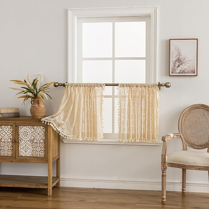 YJ YANJUN Boho Lace Curtains 24 inch Length 2 Panels, Vintage Floral Crochet - Image 2