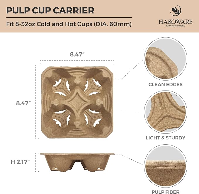 HAKOWARE 8-32oz 4 Cup Disposable Drink Carrier Trays, Compostable Pulp Fiber - Image 2