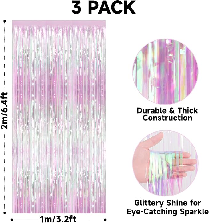 jijAcraft Iridescent Transparent Tinsel Foil Fringe Curtain, 3 Pack 3.2x6.5 - Image 2